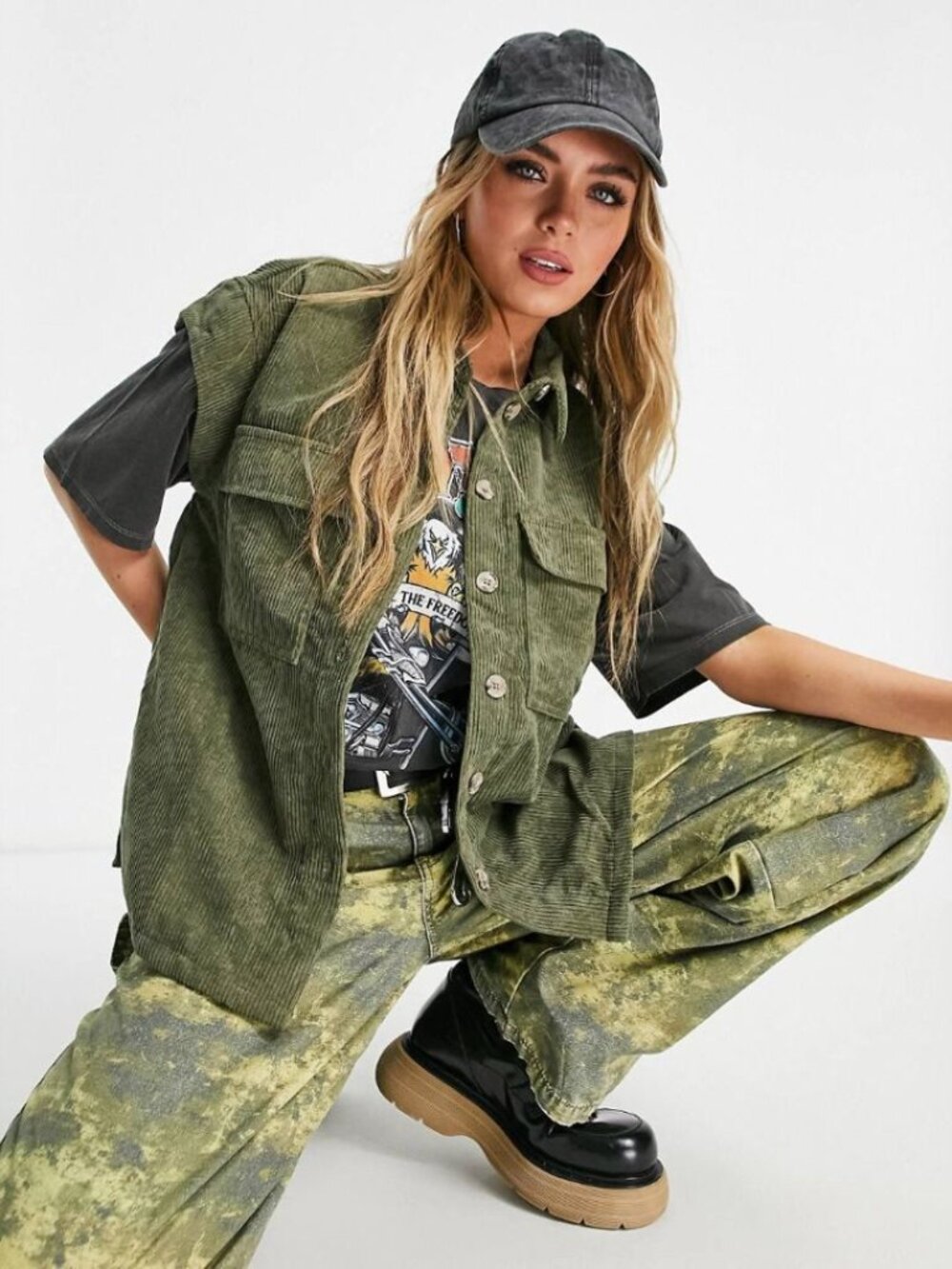VERO MODA Ivy Green Corduroy Utility Shirt Vest Button Front Women's XS 10252384